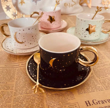Load image into Gallery viewer, Moon &amp; Star Designer Ceramic Coffee Cup with Saucer
