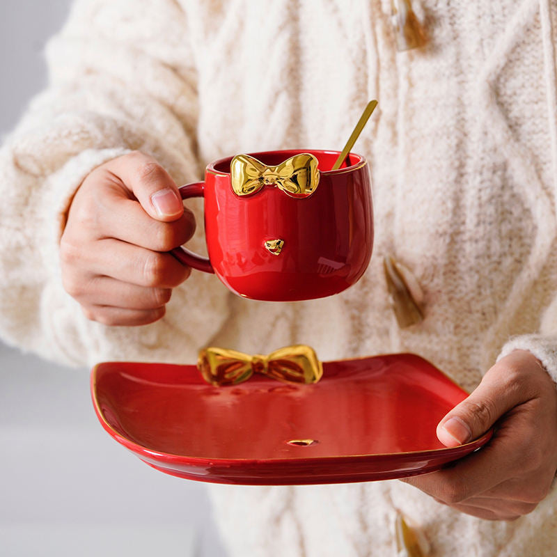 Golden Bow Cat Coffee Cup & Plate Set