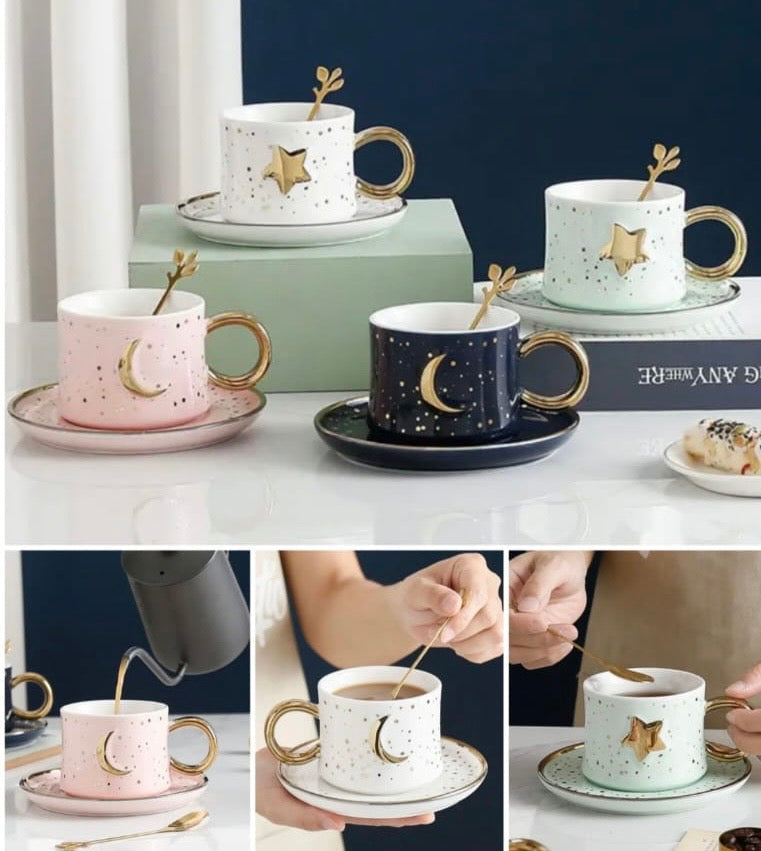 Moon & Star Designer Ceramic Coffee Cup with Saucer