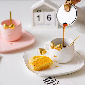 Golden Bow Cat Coffee Cup & Plate Set